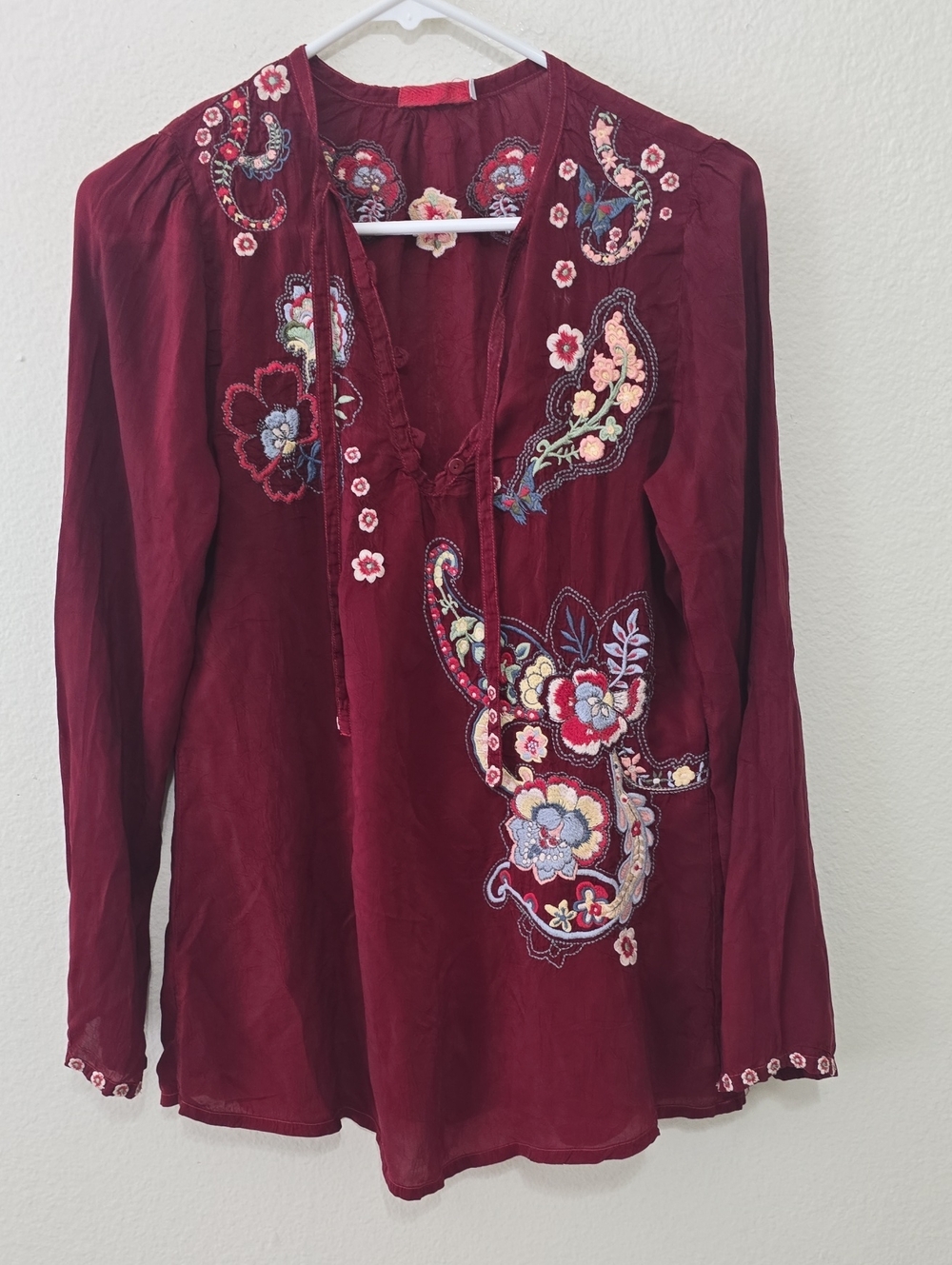 Johnny Was Wine Red Embroidered Peasant Tunic S